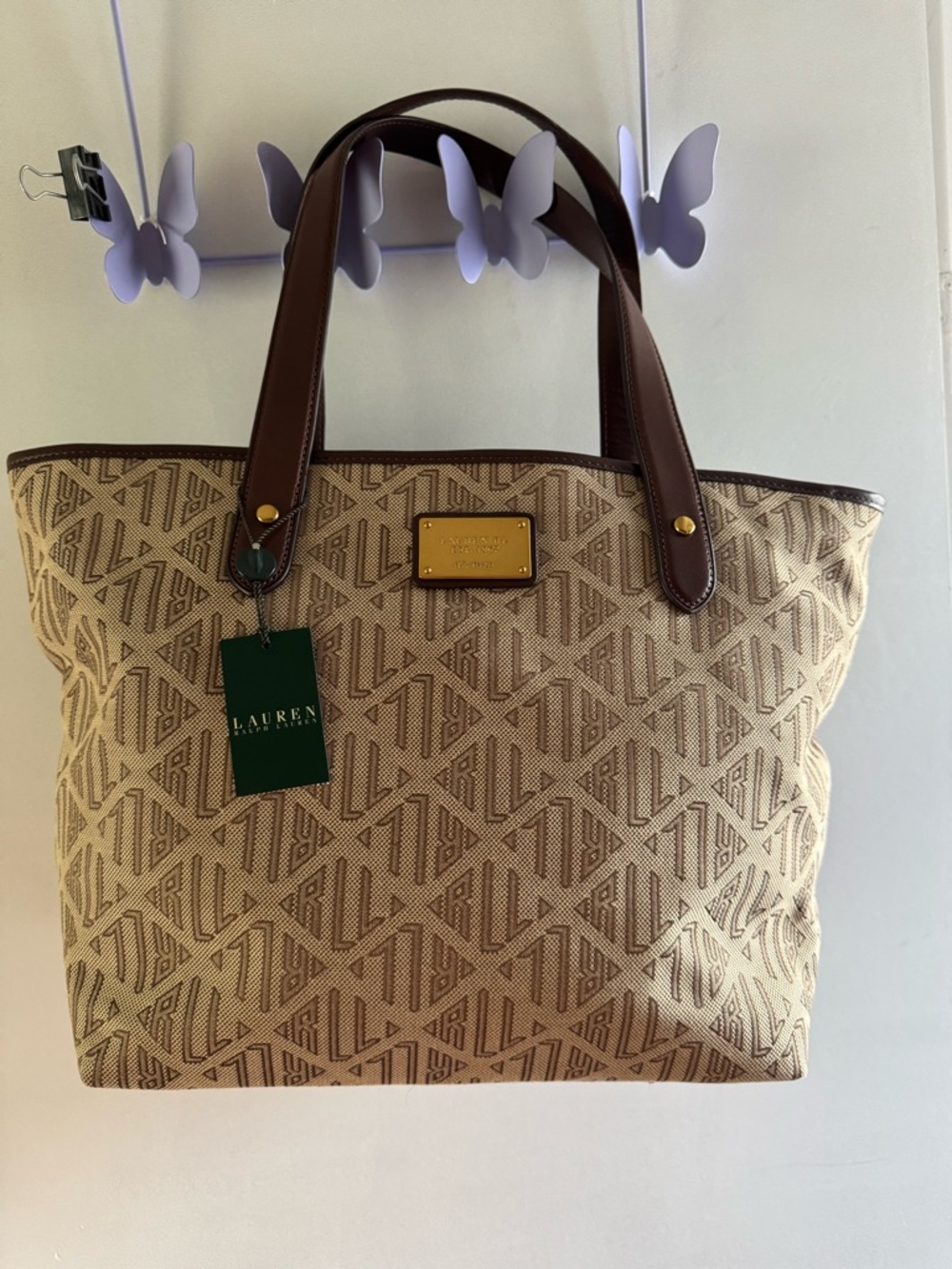 Lauren Ralph Lauren Beige & Brown Signature Jacquard Tote